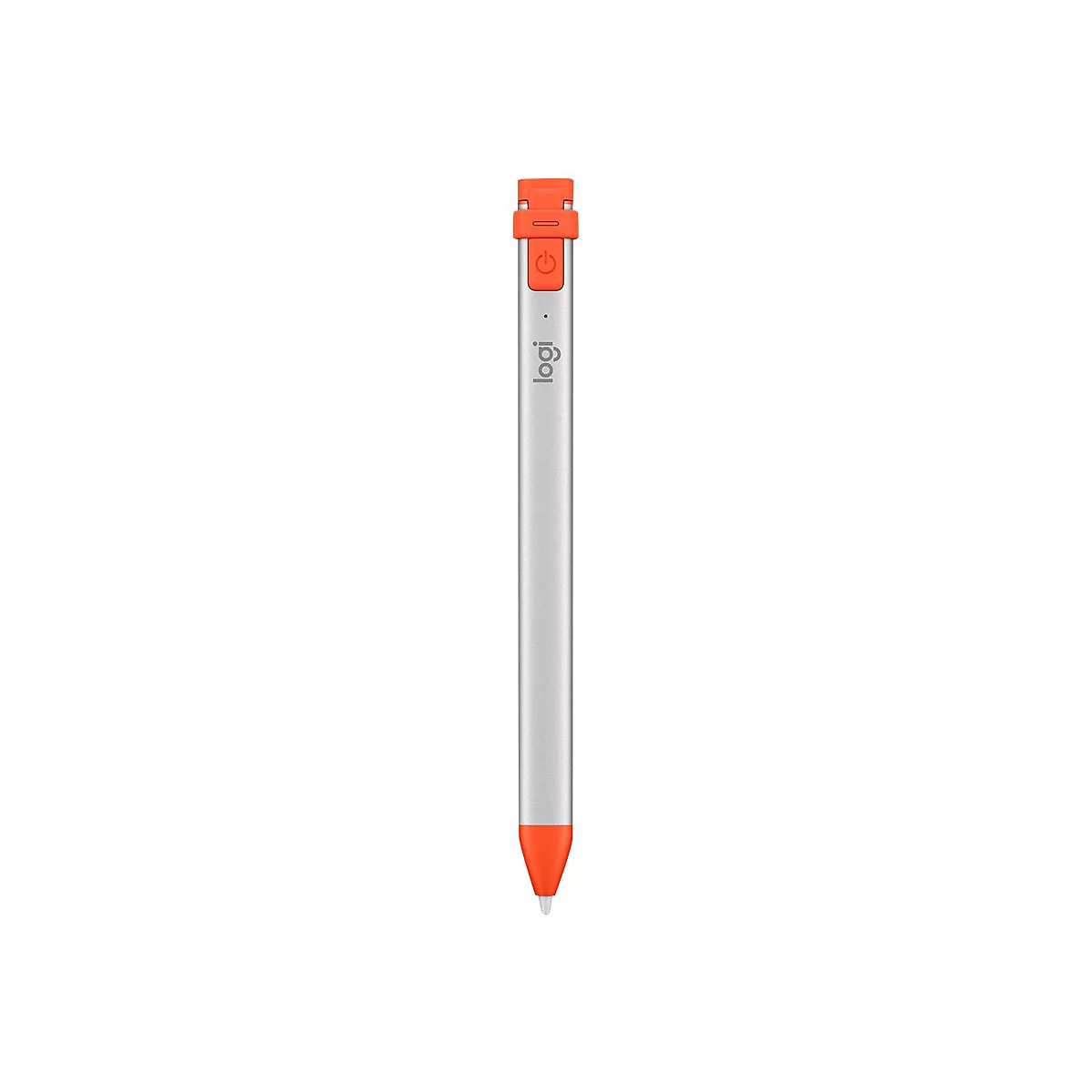Stylet argenté avec des accents orange. En haut : bouton marche-arrêt. En bas : pointe. Logo.