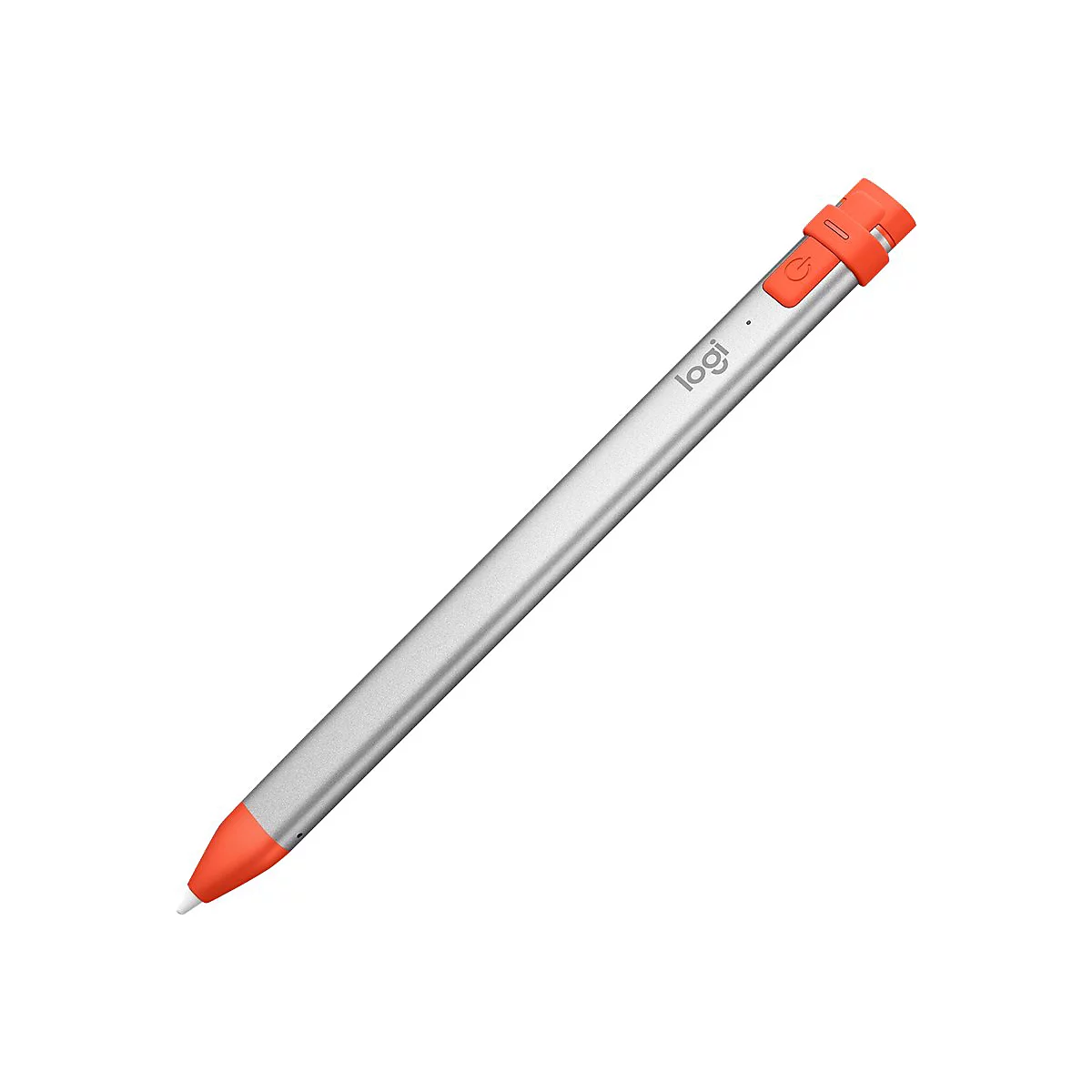 Stylet avec un corps argenté, des accents orange et un logo.