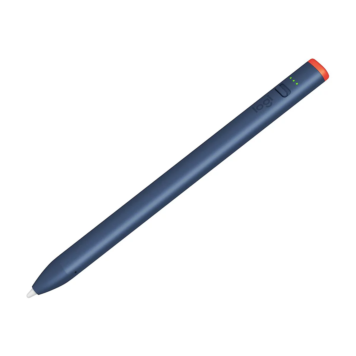 Stylet bleu avec logo et embout orange. Pointe blanche, lumières vertes.
