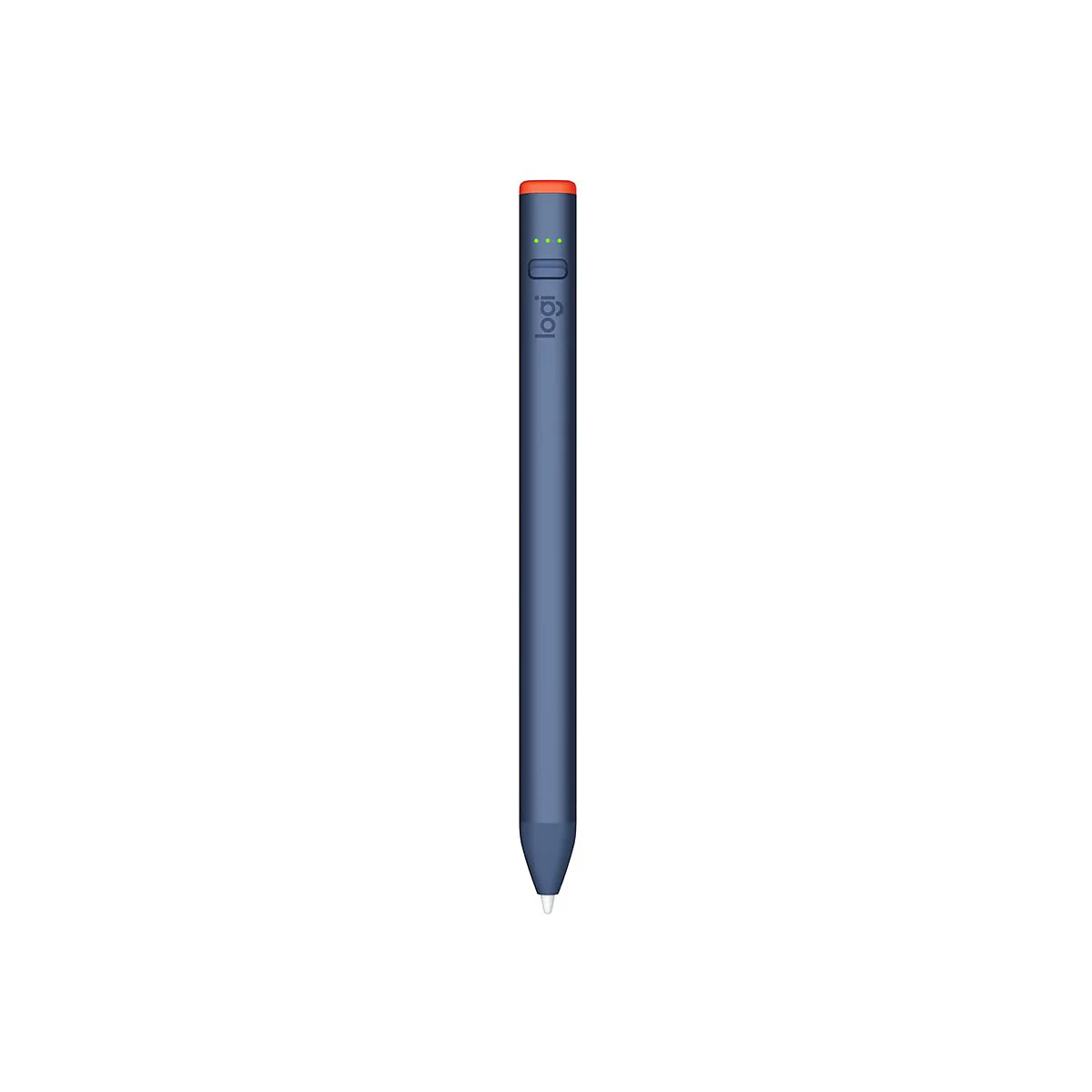 Stylet bleu avec une pointe orange. Le logo "logi" est visible. Trois points verts sont visibles sur le côté.