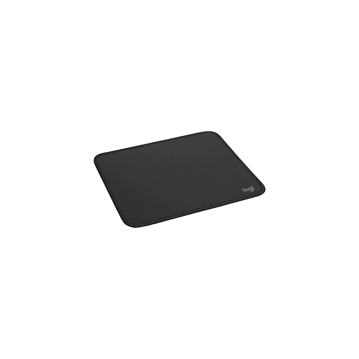 Schwarzes Mauspad mit Logo-Aufdruck. Quadratische Form mit abgerundeten Ecken. Logo: 'logi'.