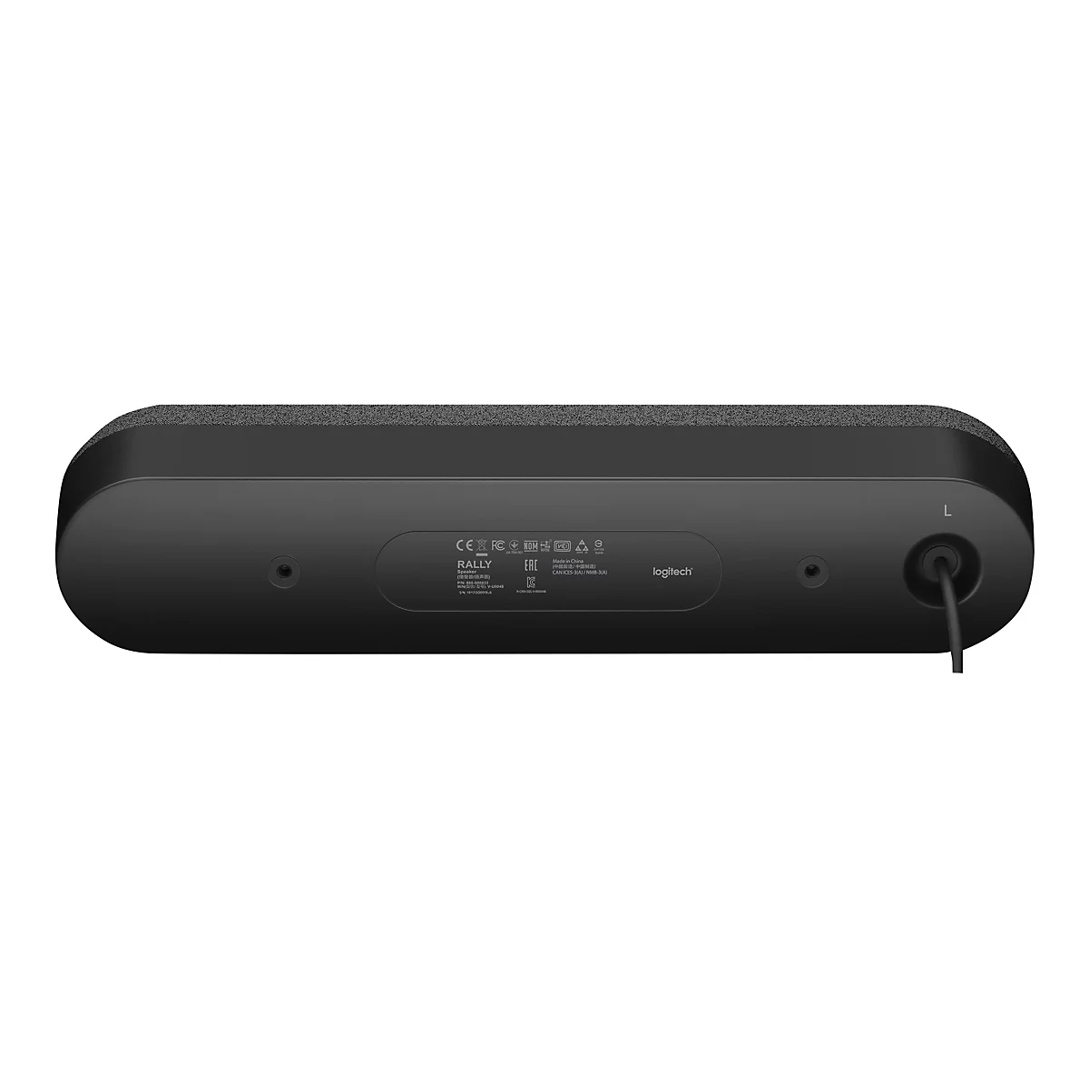 Barre de son noire, vue arrière, avec ports, logo et spécifications techniques.