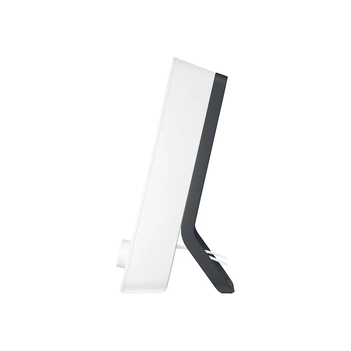 Vue latérale d'un appareil blanc avec un cadre et un pied gris foncé. Sur fond blanc.