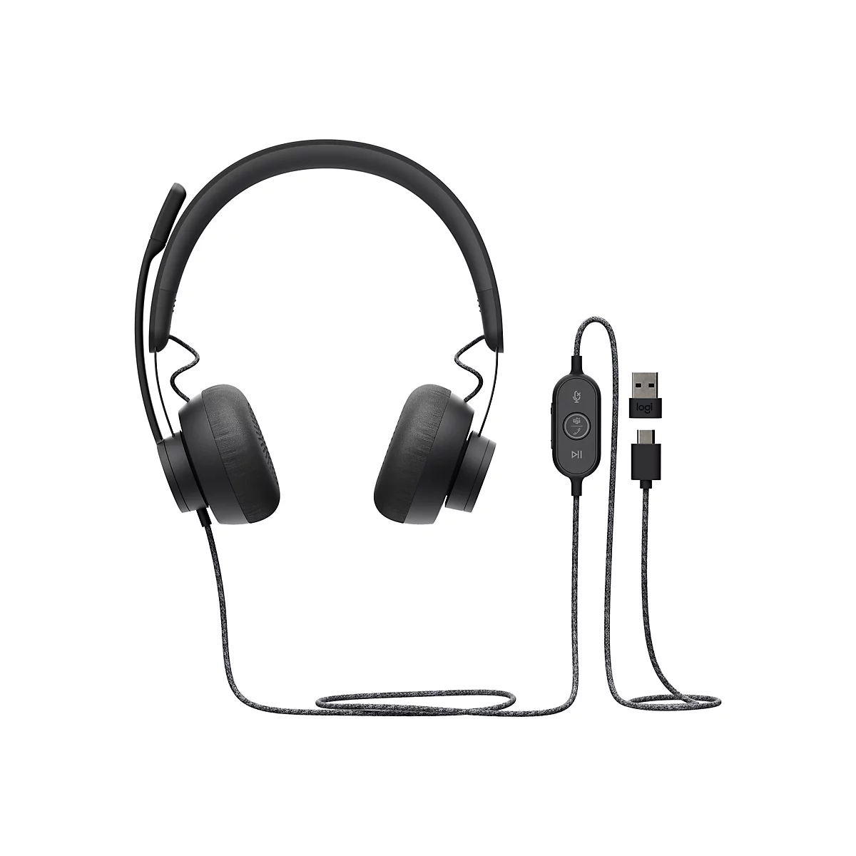 Casque noir avec microphone et câble qui se transforme en un élément de contrôle avec boutons et connecteurs USB.