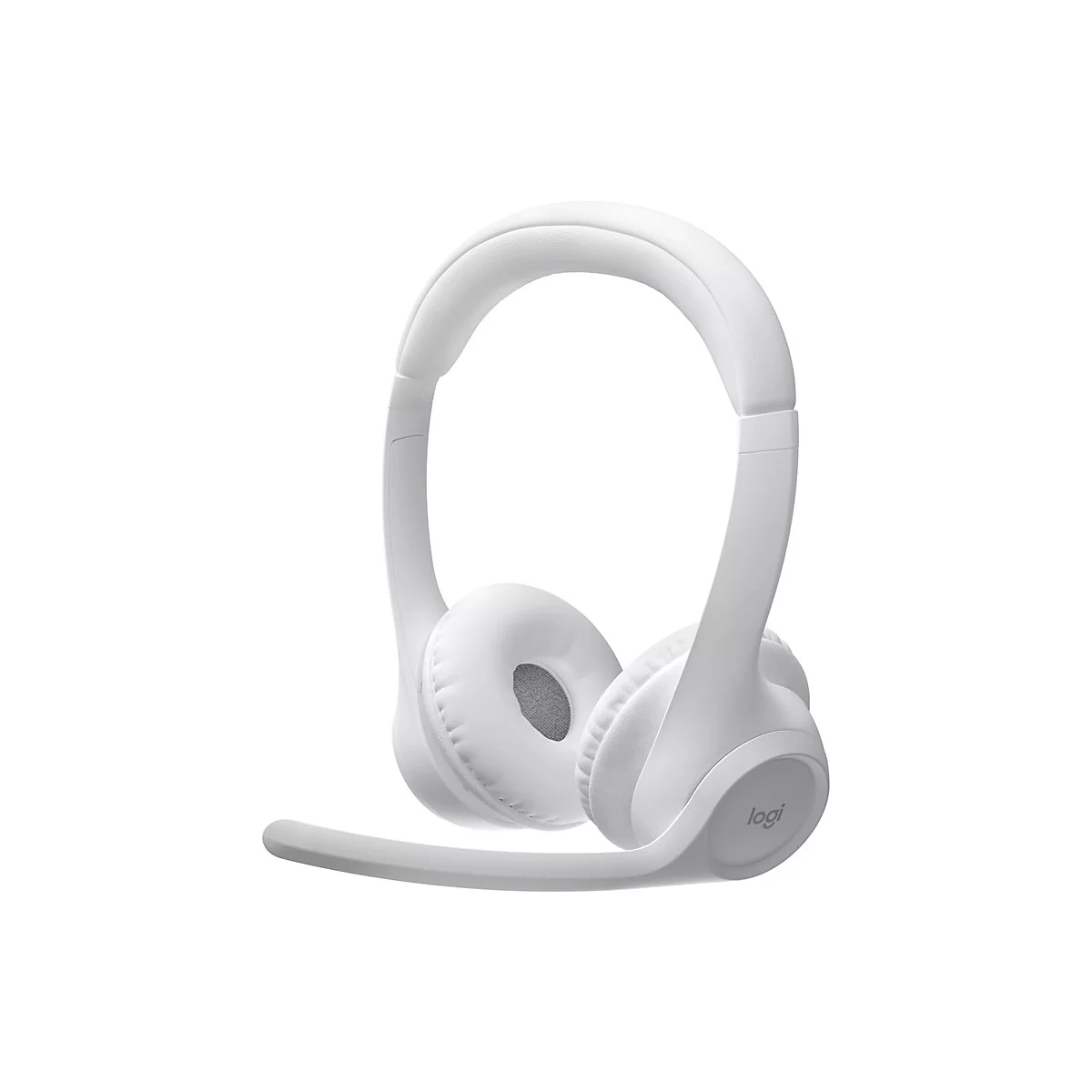 Casque blanc avec microphone sur fond blanc, logo Logi.