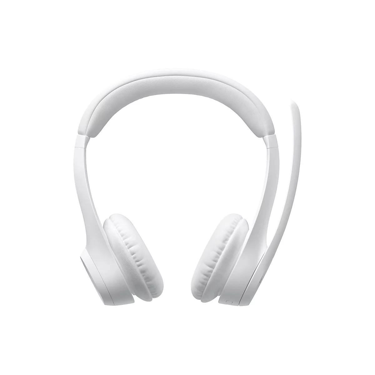 Casque blanc avec microphone sur fond blanc.