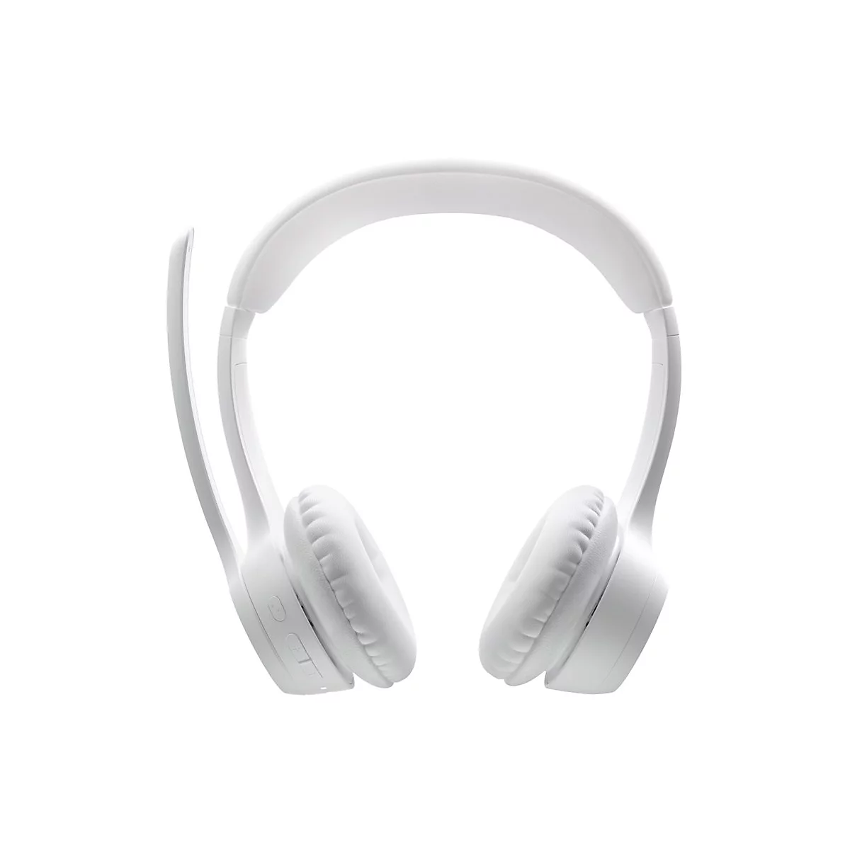 Casque blanc isolé sur fond blanc. Il a un serre-tête et deux écouteurs.