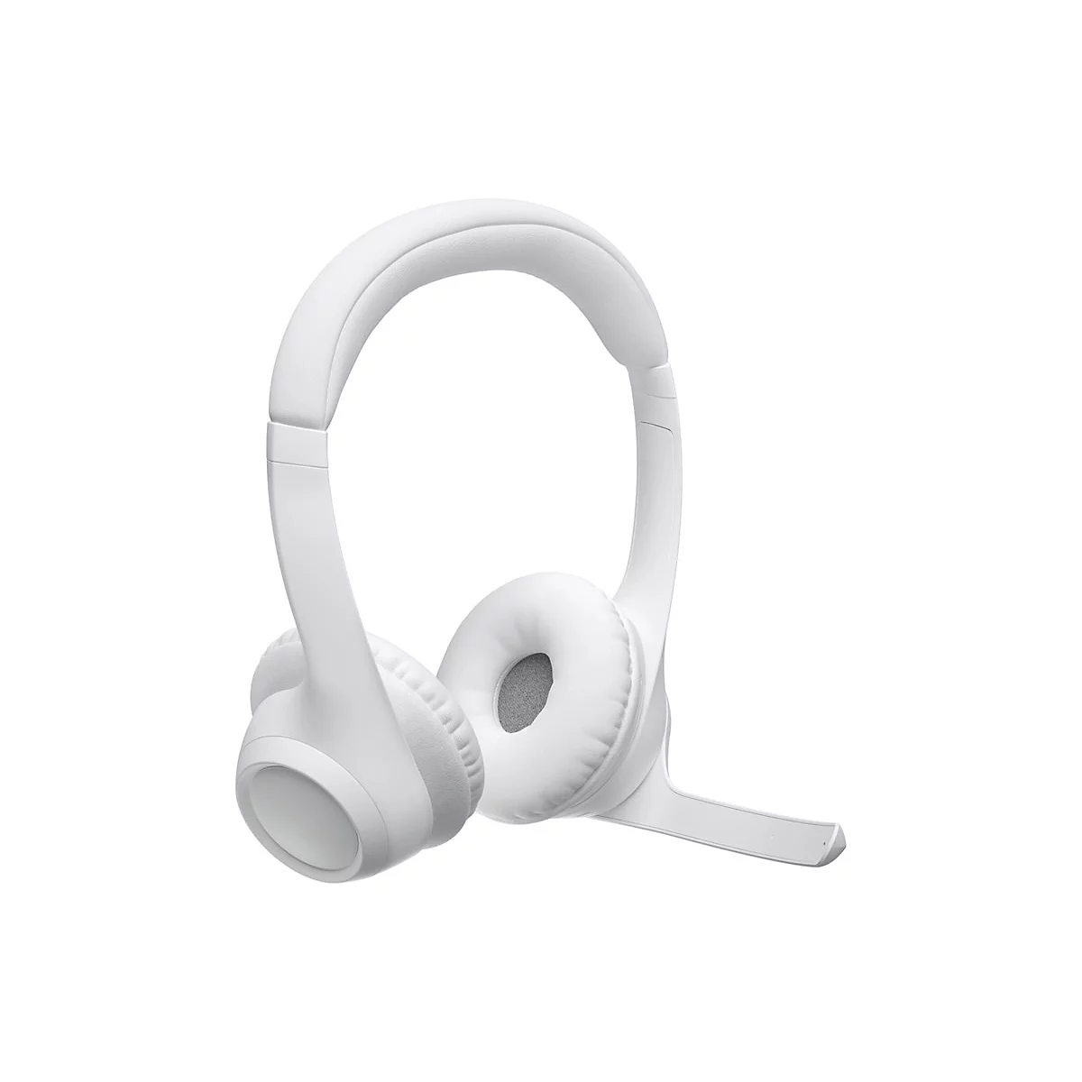 Casque blanc, présenté légèrement en biais de côté, avec des coussinets d'oreille souples et un microphone.