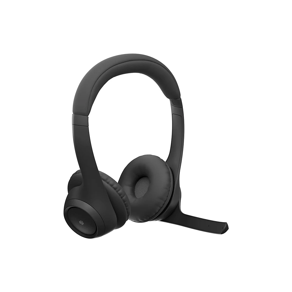 Casque noir sur fond blanc. On voit les écouteurs, l'arceau et le microphone.