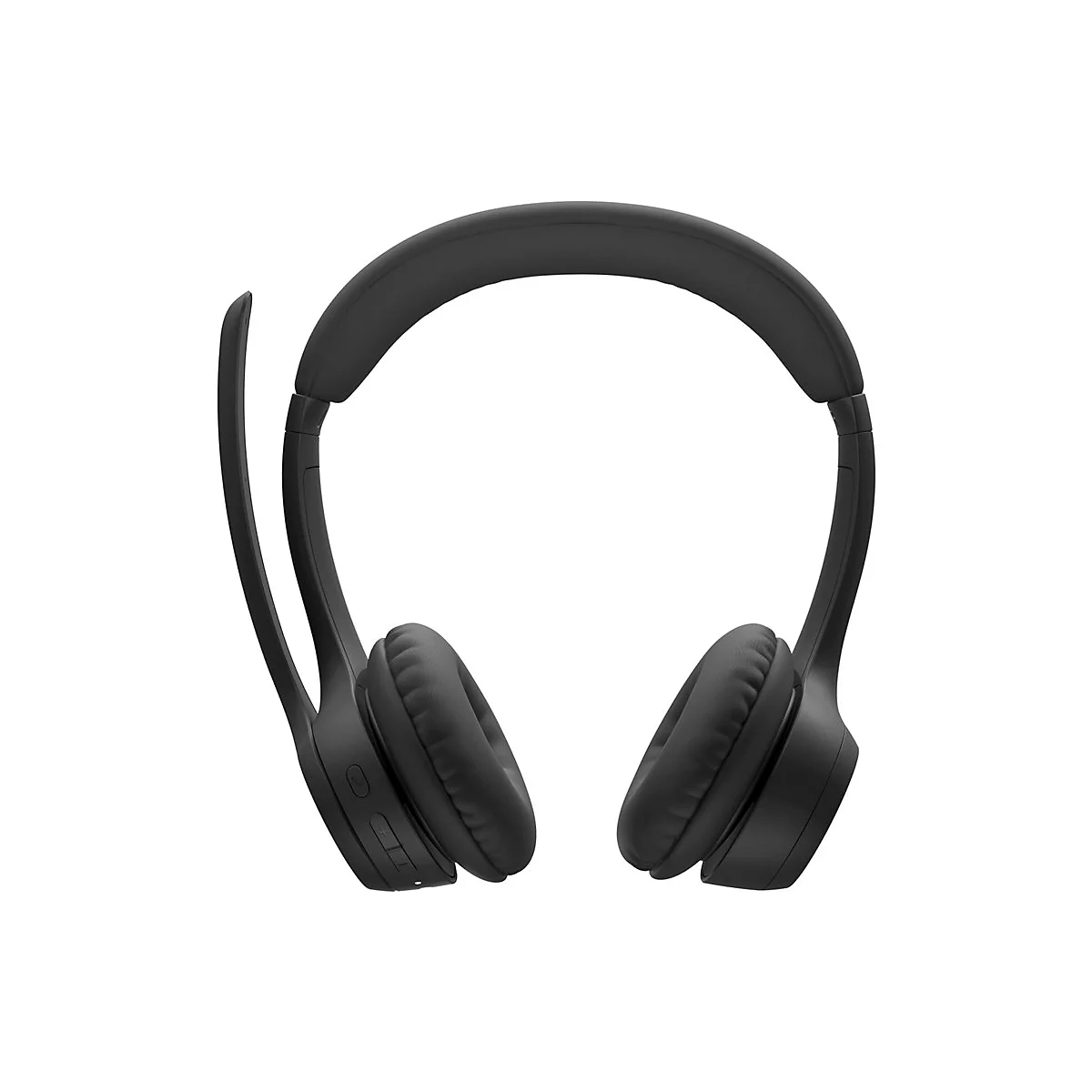 Casque noir avec microphone sur fond blanc.