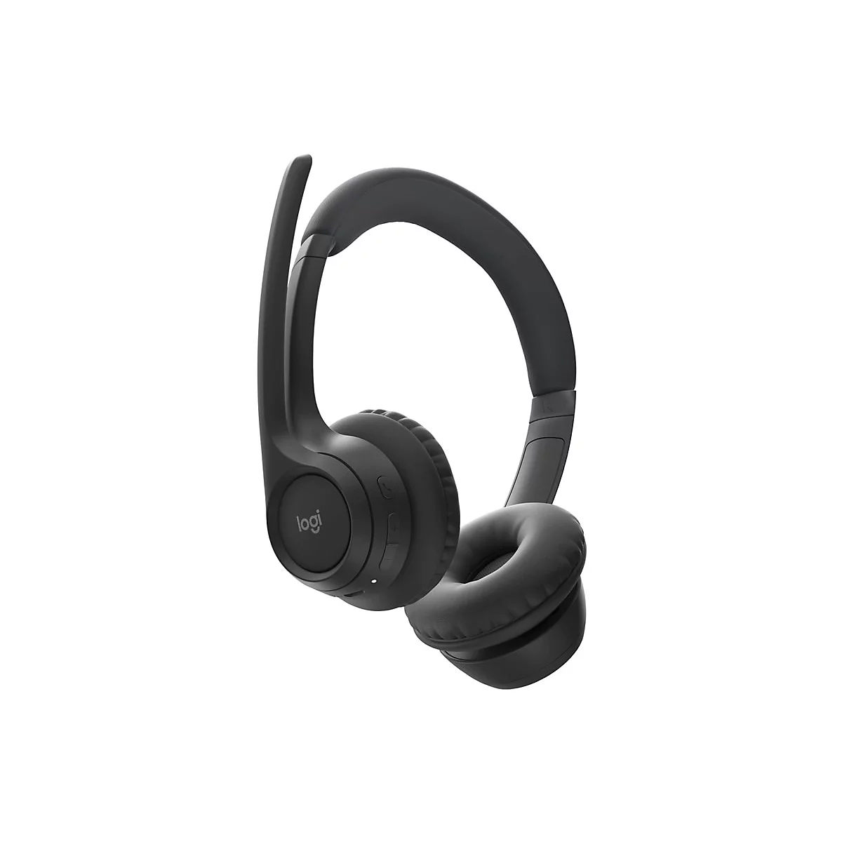 Casque sans fil noir, logo Logi, sur fond blanc.