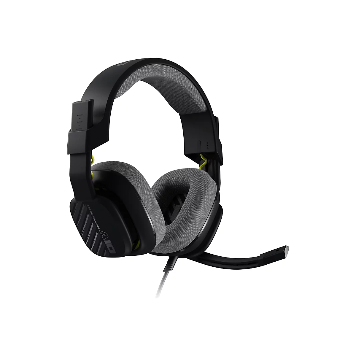 Casque de jeu noir avec des oreillettes et un bandeau rembourrés gris. Un microphone est fixé.