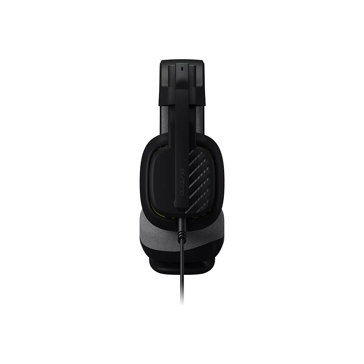 Casque de jeu Astro noir, vu de côté. Le serre-tête, les oreillettes et le câble sont visibles. "astro" est écrit sur l'écouteur.