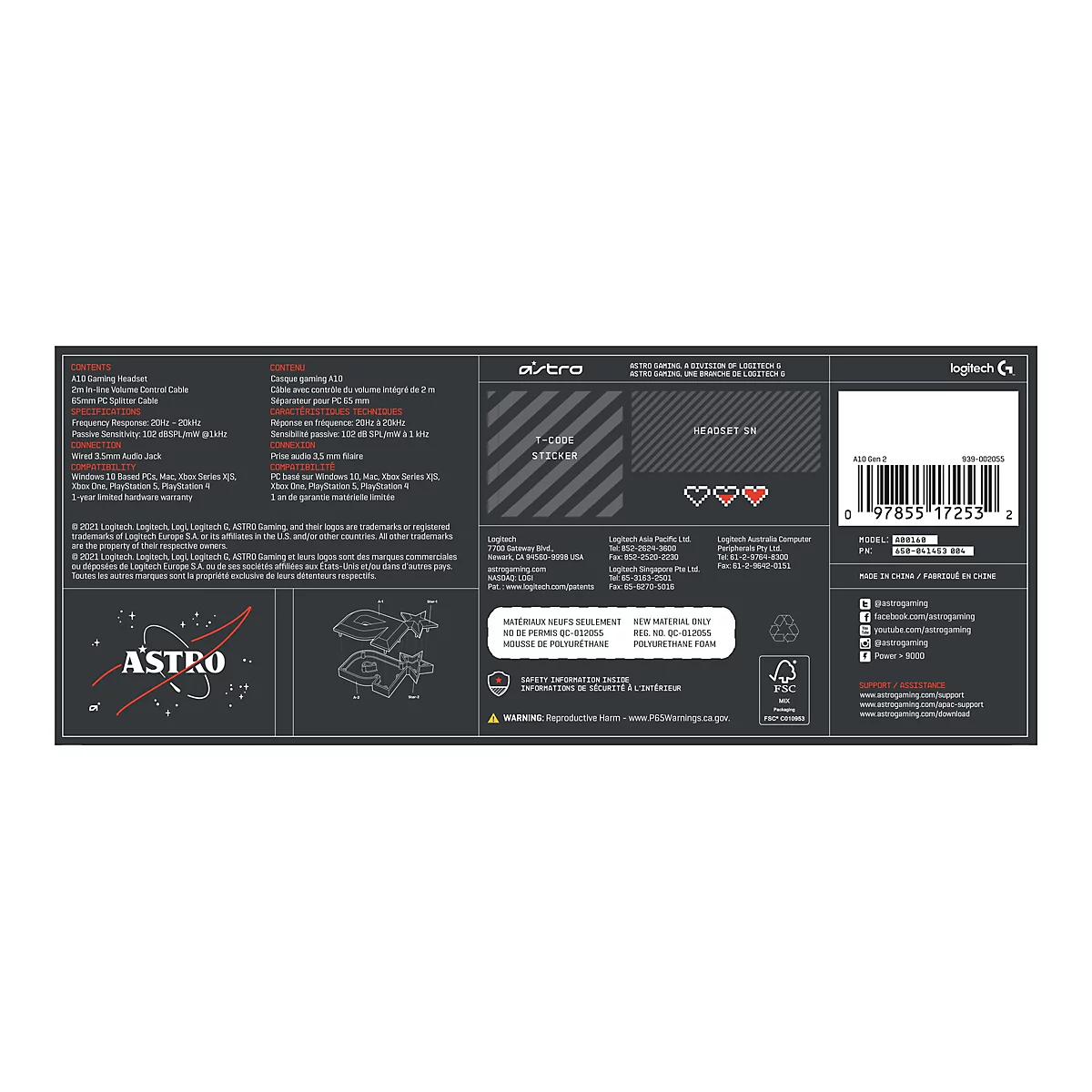 Une boîte de produit sur fond blanc, avec divers textes, logos et détails du produit. Le logo Logitech est en haut à gauche, à côté du logo Astro. La boîte porte les mots "A10 Gen 2".