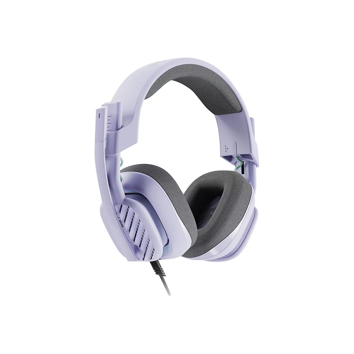 Casque violet clair, écouteurs gris, câble noir, fond blanc.