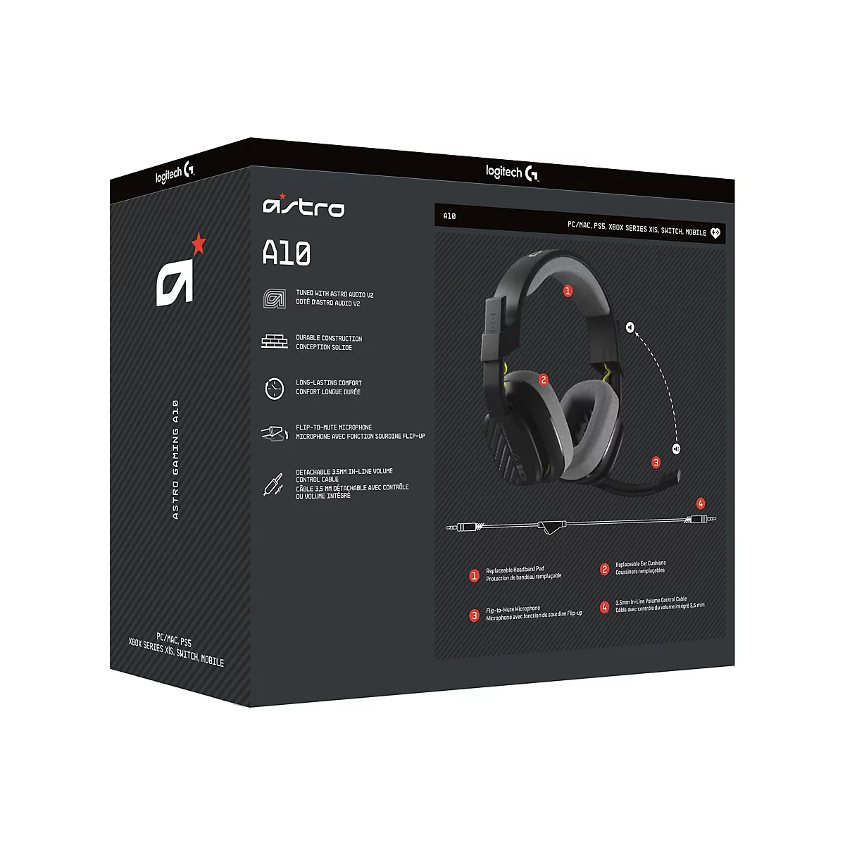 Schwarz-grauer Gaming-Kopfhörer A10 von Astro auf einer Verpackung mit Produktmerkmalen. Auf der Verpackung befindet sich das Logitech-Logo.