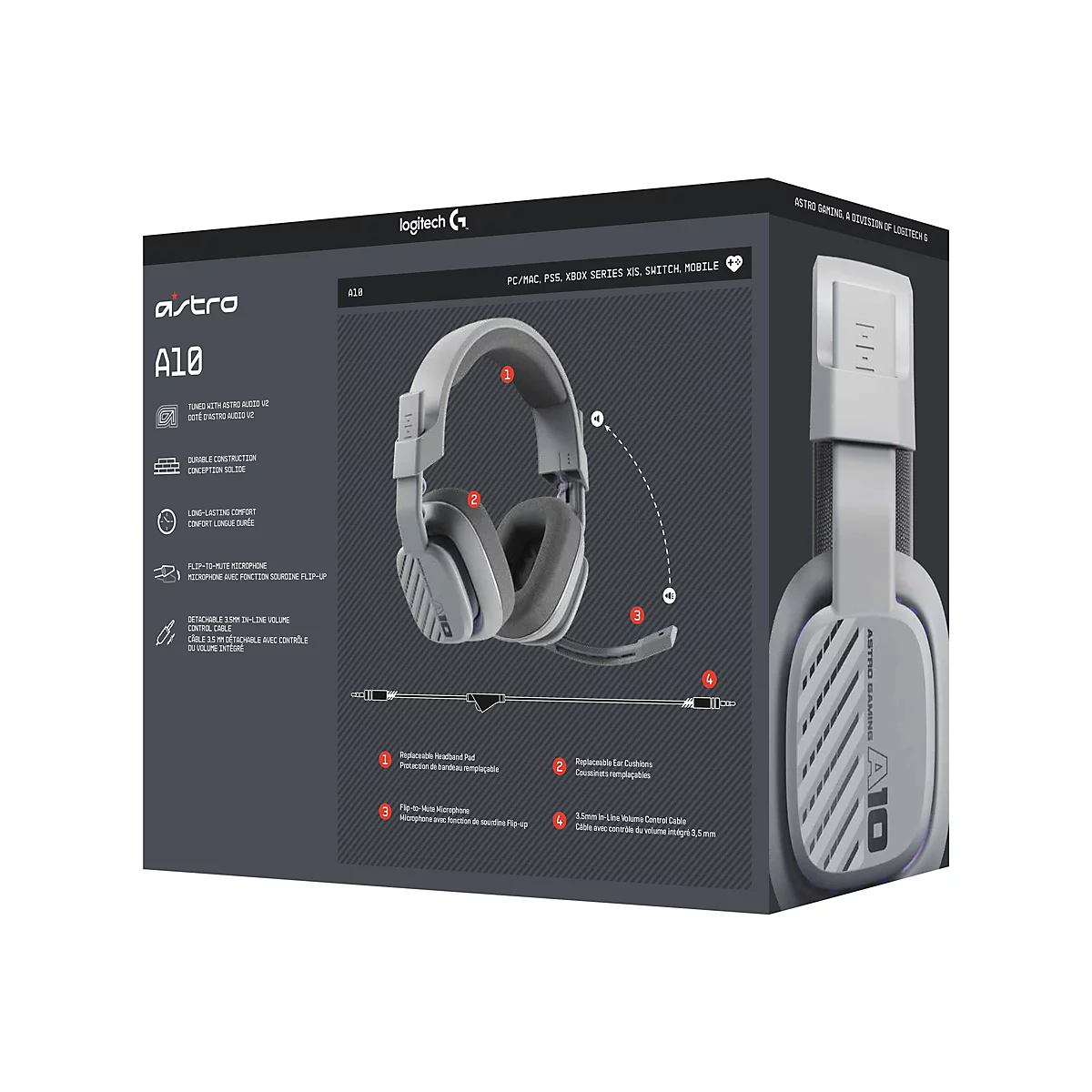 Hellgraues Astro A10 Gaming-Headset auf einer Produktverpackung, Detailansicht. Auf der Verpackung befinden sich Produktmerkmale, Markenschriftzug und Produktbezeichnungen.