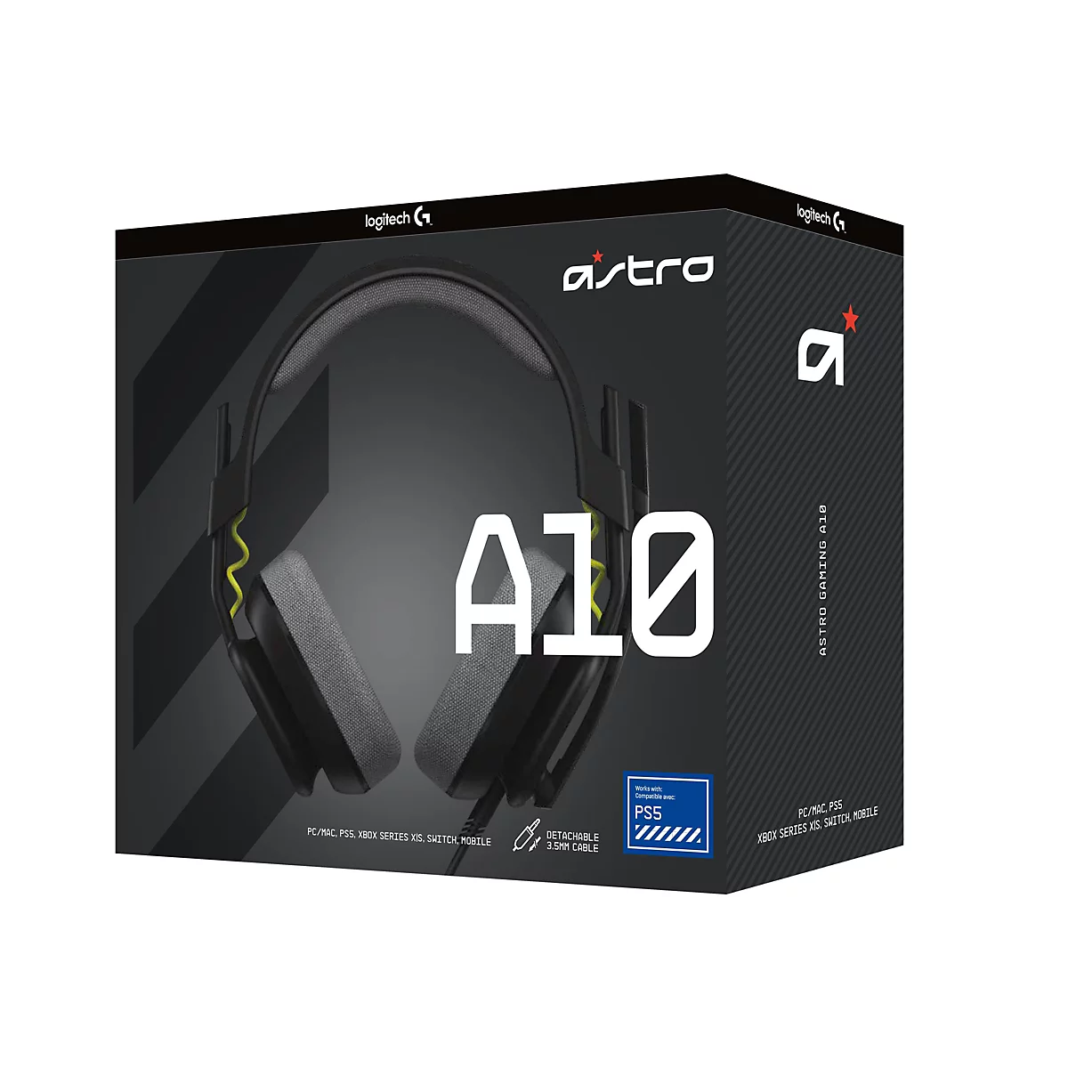 Auf einem schwarzen Hintergrund ist ein Astro A10 Gaming-Headset abgebildet. Logos von Logitech und Astro sind zu sehen. Der Text "A10" ist prominent dargestellt.