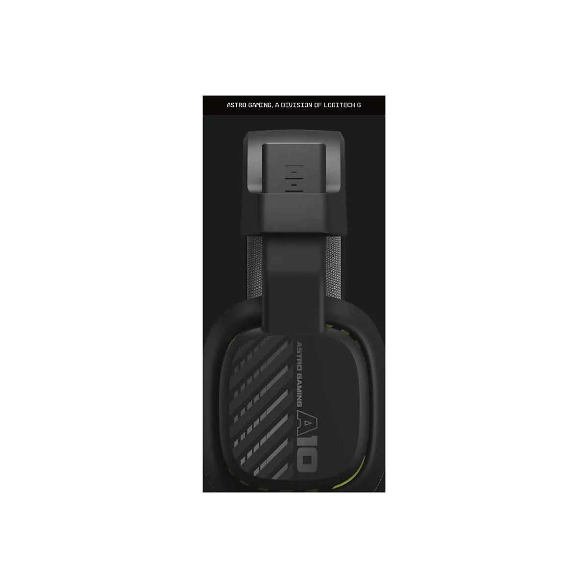Nahaufnahme eines schwarzen Astro A10 Gaming-Headsets. Text oben: Astro Gaming, eine Abteilung von Logitech G.