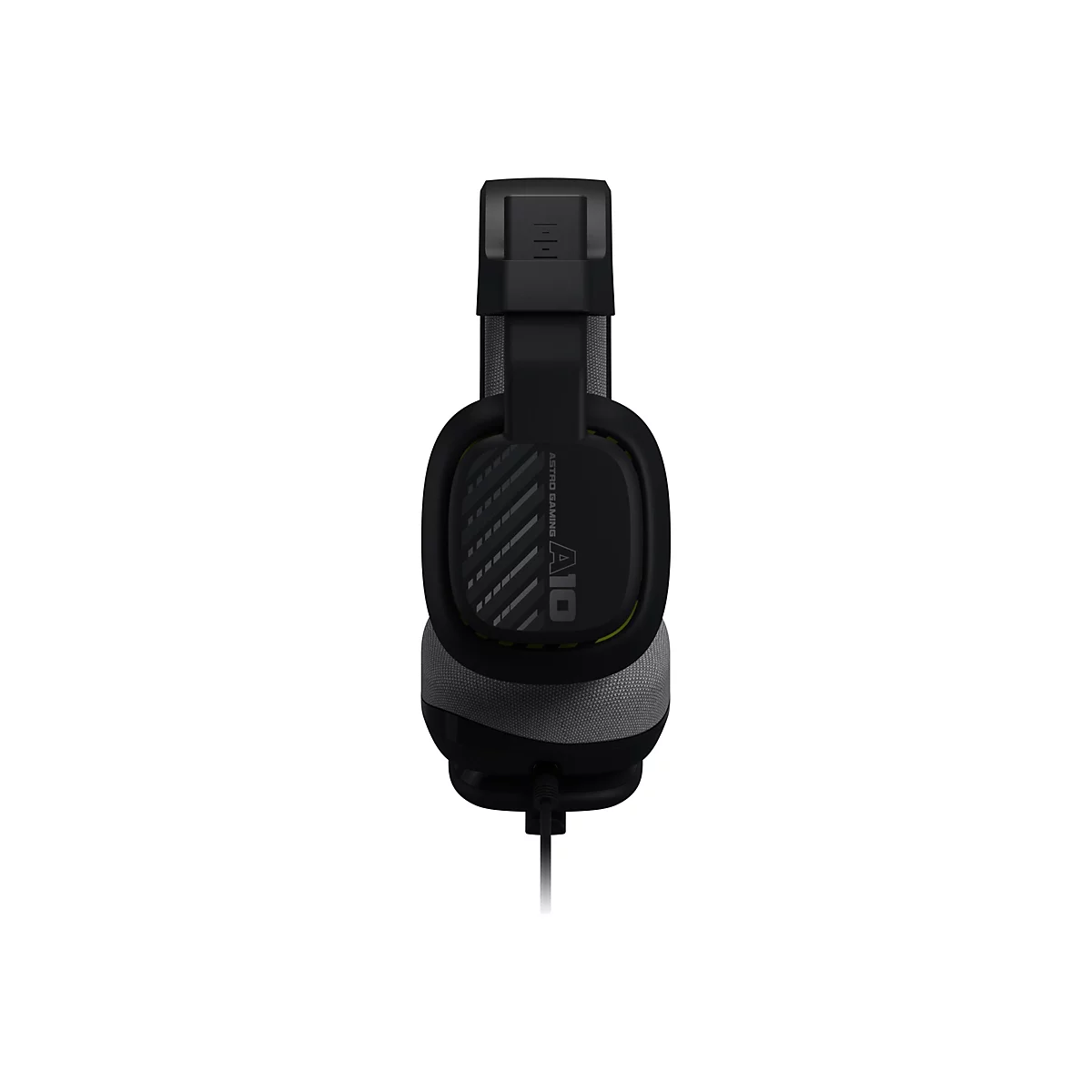 Schwarzes Astro A10 Gaming-Headset, das von vorne gezeigt wird, mit gelben Akzenten und Kabel.