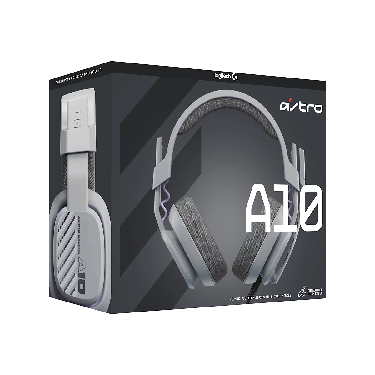 Hellgraues Gaming-Headset auf einer schwarzen Produktverpackung. Aufgedruckter Text: Astro A10.