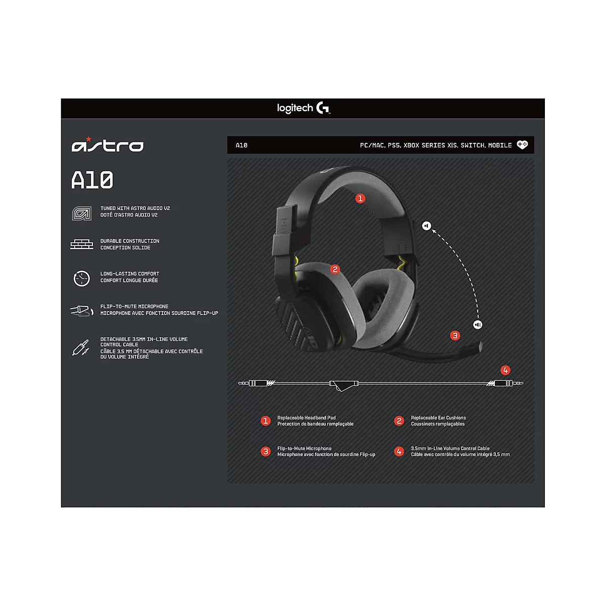 Schwarzes Astro A10 Gaming-Headset mit gelben Akzenten, detailliert mit seinen abnehmbaren Teilen auf schwarzem Hintergrund.