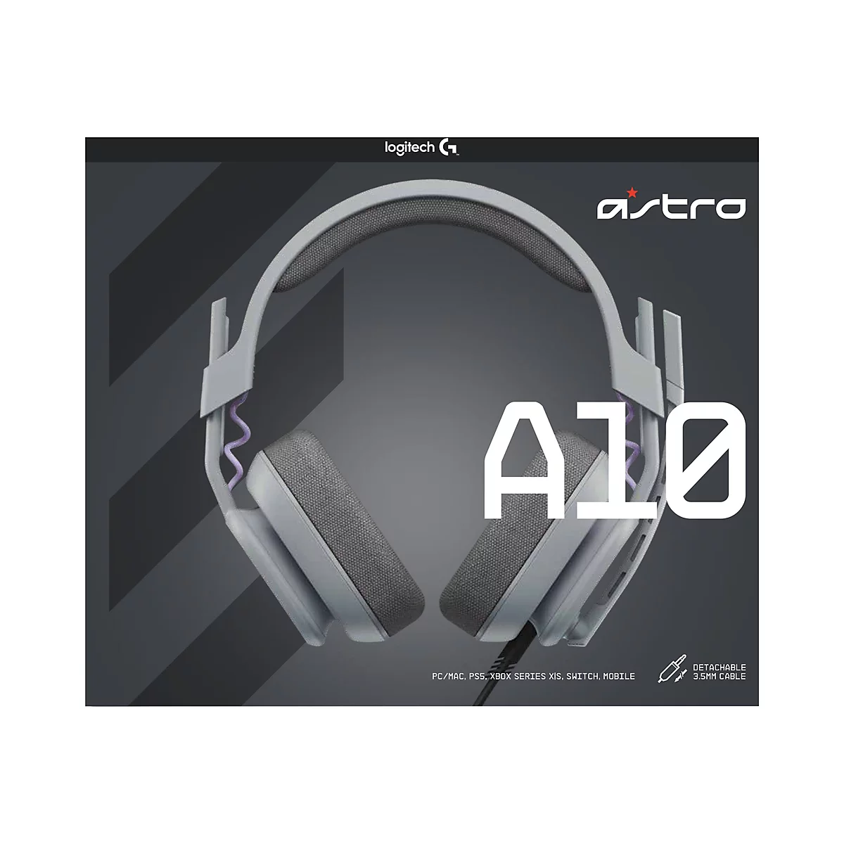 Hellgraues Gaming-Headset auf dunklem Hintergrund. Aufschrift: A10, Astro, Logitech.