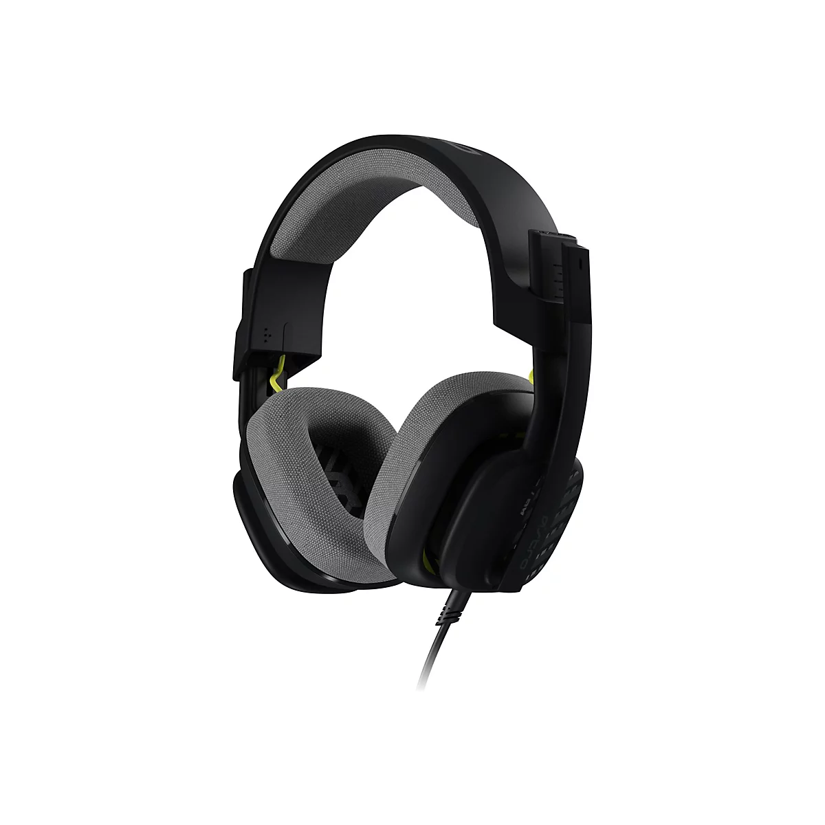 Schwarzes Gaming-Headset. Graue Ohrmuscheln und Kopfbügel. Gelbe Akzente. Auf weißem Hintergrund.