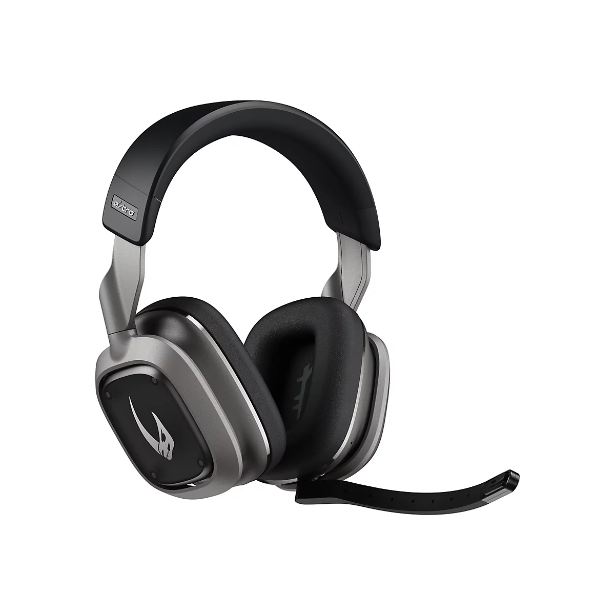 Graue Astro-Gaming-Kopfhörer mit schwarzem Bügel und Mikrofon. Auf den Ohrmuscheln ist ein weißes Logo abgebildet.
