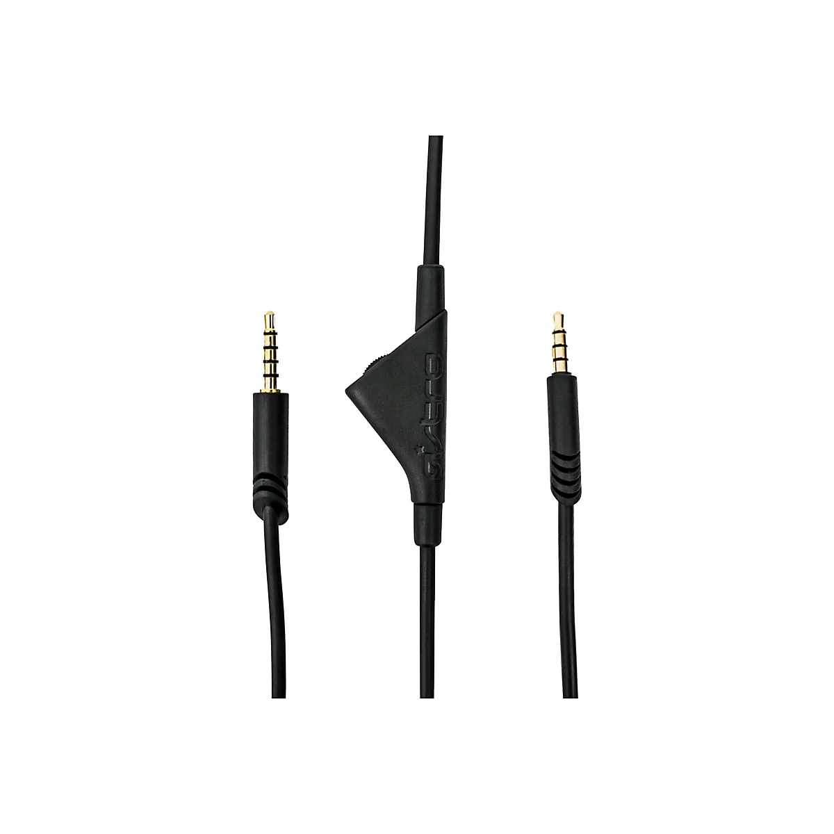 Nahaufnahme von schwarzen Kopfhörerkabeln mit drei 3,5-mm-Klinkensteckern und einer Bedieneinheit.