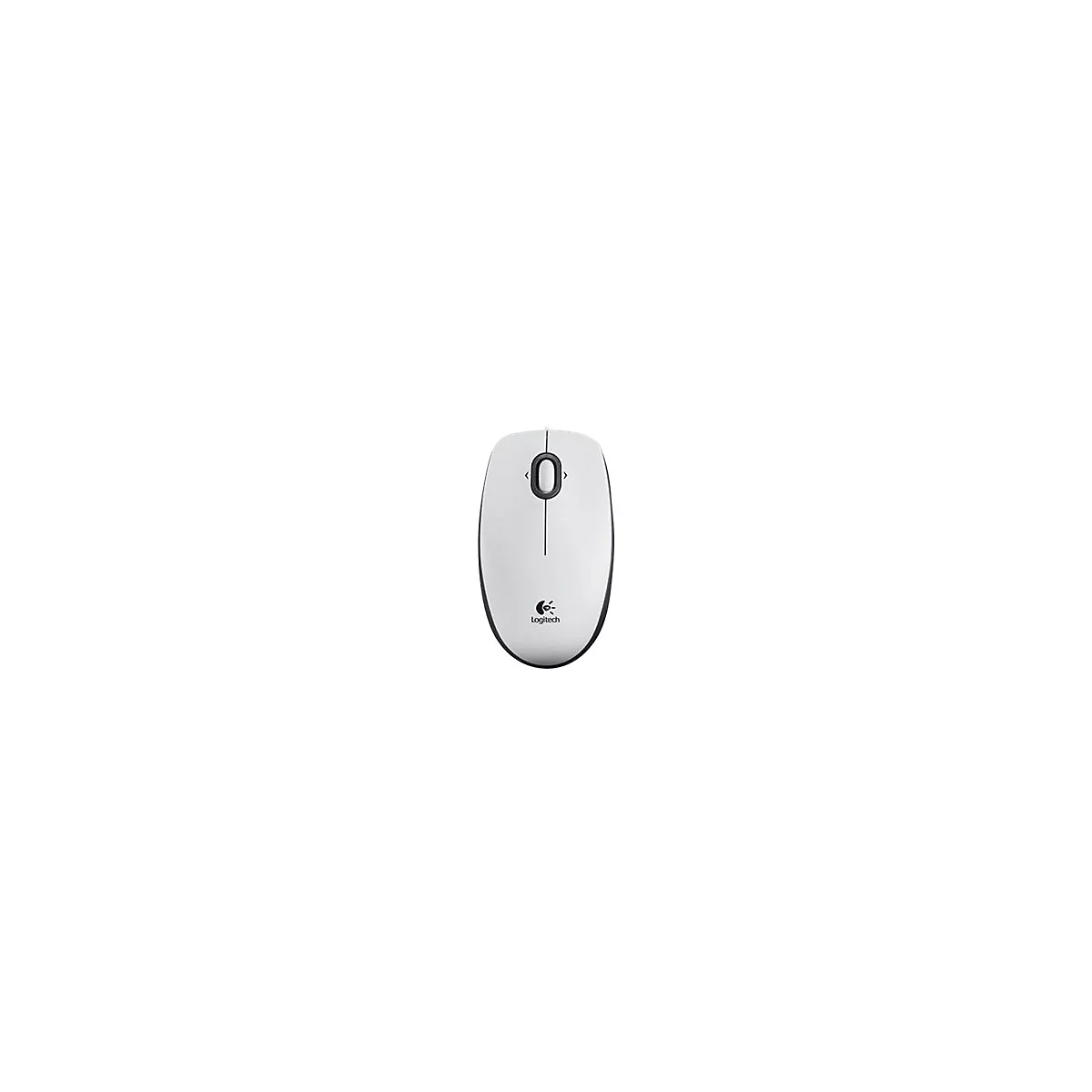 Weiße Logitech-Maus mit schwarzer Umrandung und Scrollrad. Logitech-Logo.