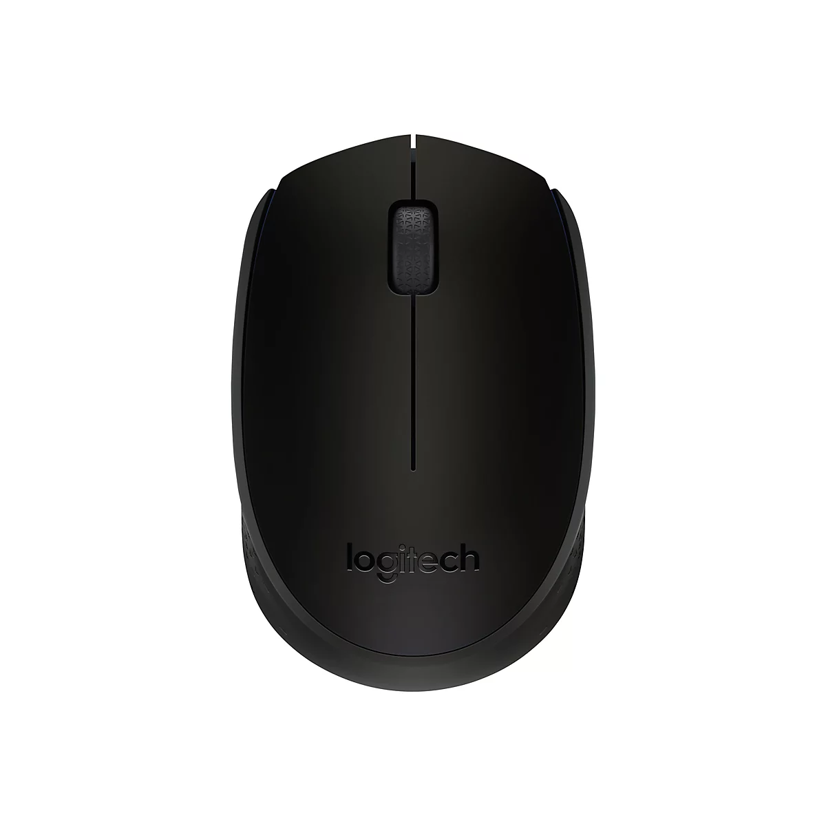 Draufsicht auf eine schwarze Logitech-Maus auf weißem Hintergrund. Die Maus hat ein Scrollrad und den Schriftzug Logitech.