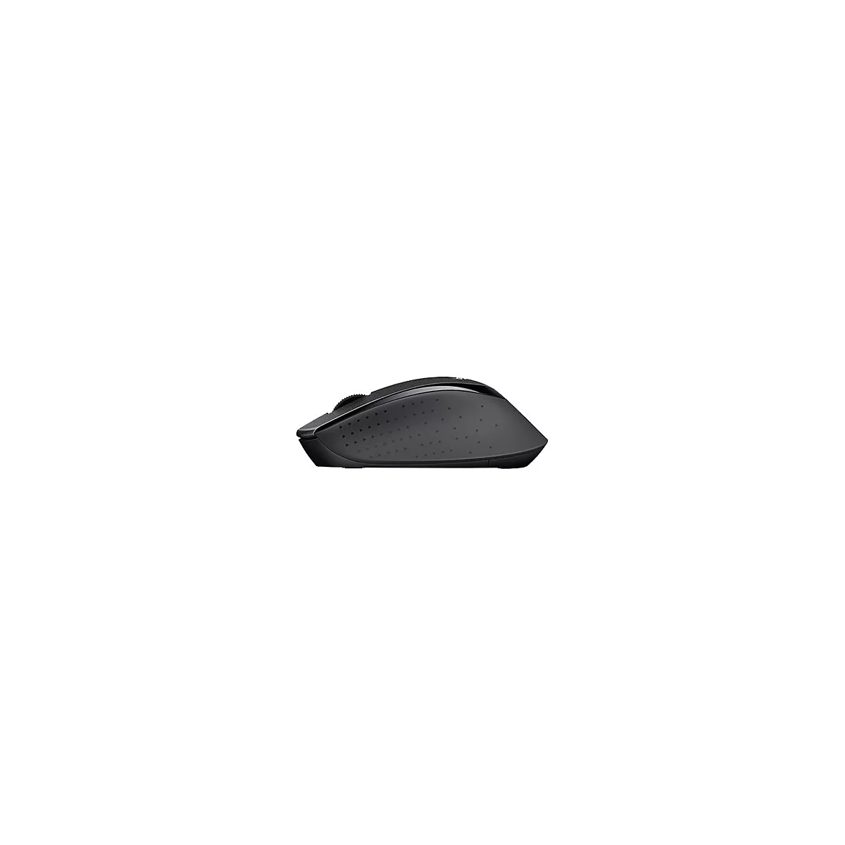 Vue de profil d'une souris d'ordinateur noire avec molette de dÃ©filement et cÃ´tÃ© texturÃ© sur fond blanc.