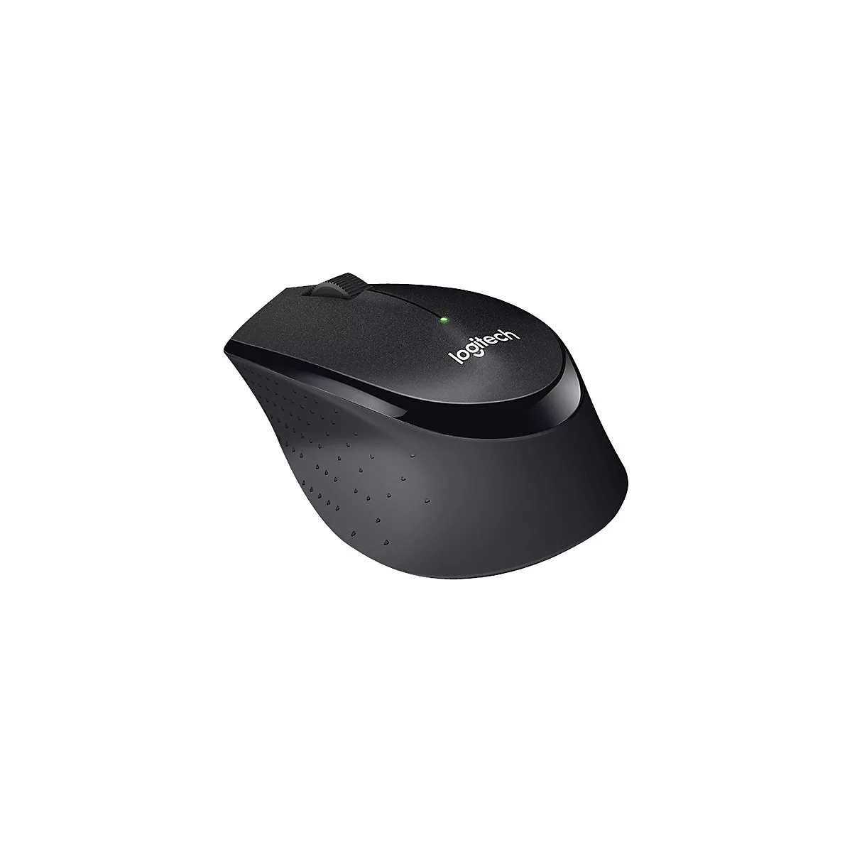 Souris Logitech noire, avec molette et logo.