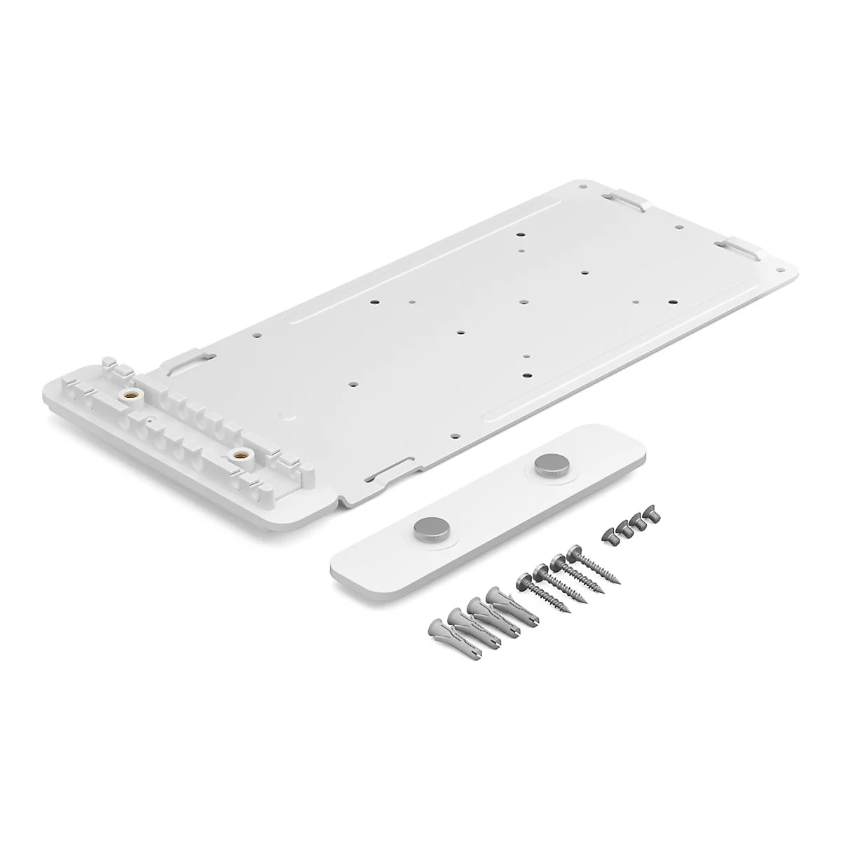 Weißes Produkt, bestehend aus einer länglichen Platte, einer schmalen Halterung und Schrauben. Detailaufnahme auf weißem Hintergrund.