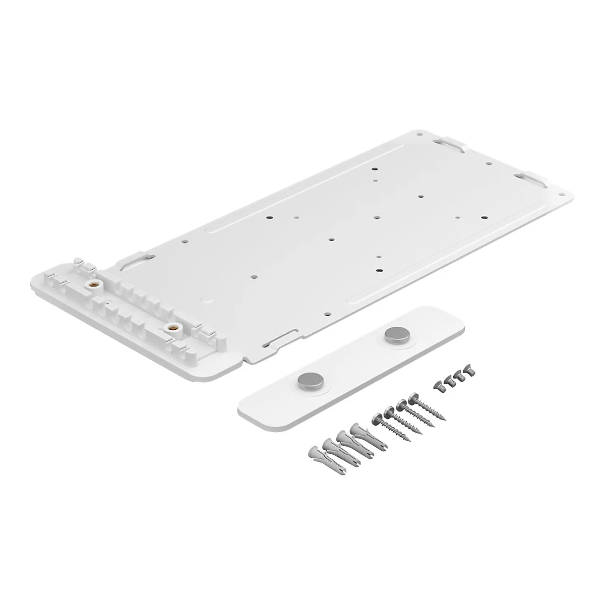 Weißes Montage-Set für ein elektronisches Gerät, bestehend aus Grundplatte, Halterung, Schrauben und Dübeln.