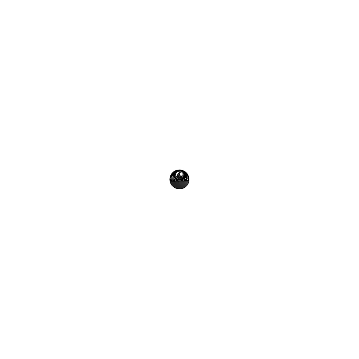 Schwarze, runde Webcam mit Kamera, Tasten und LautsprecherÃ¶ffnungen.