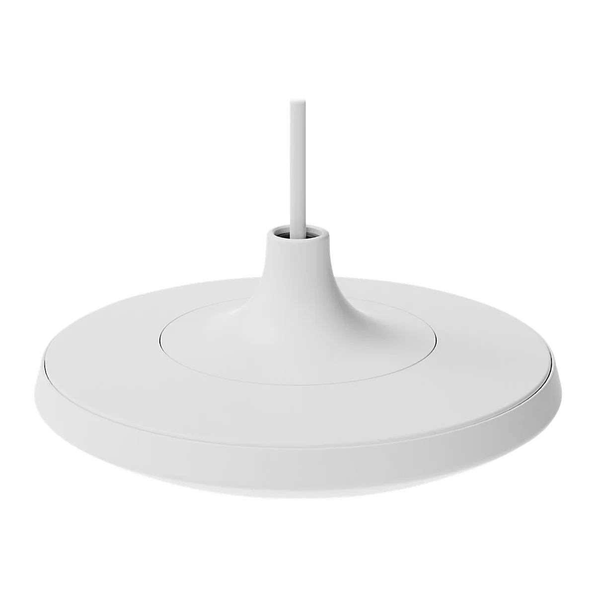 WeiÃŸe Deckenhalterung, rund, mit mittiger AufhÃ¤ngung fÃ¼r eine Lampe.