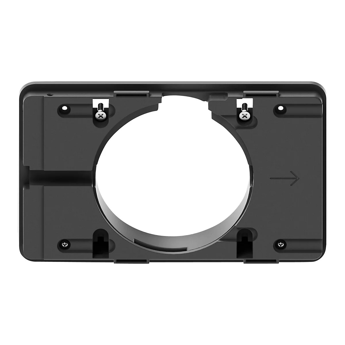 Schwarzer, rechteckiger Rahmen mit großem, rundem Loch in der Mitte, Schrauben und Pfeil.