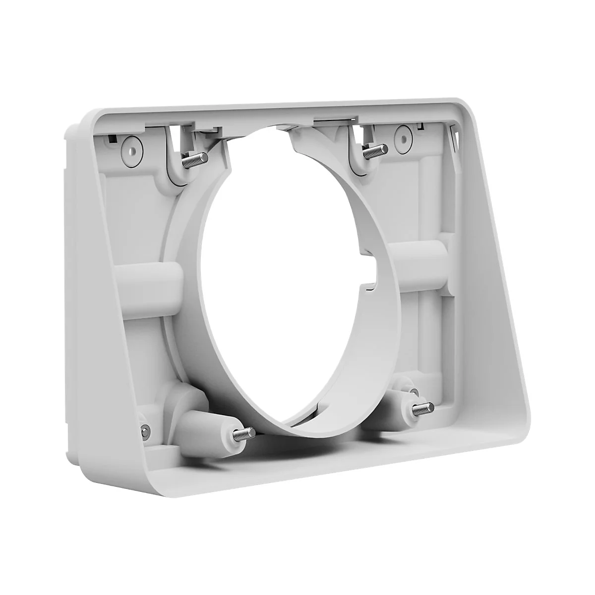 Weißes, rechteckiges Kunststoffgehäuse mit kreisförmiger Aussparung. Schrauben und Halterungen sind sichtbar.