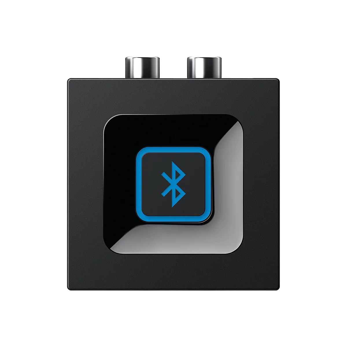 Schwarzer Bluetooth-Empfänger in quadratischer Form mit einer zentralen, blau beleuchteten Bluetooth-Taste.
