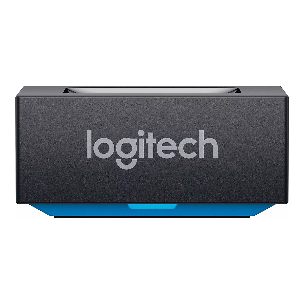 Schwarze Logitech-Basisstation mit Logo und blauem Akzentstreifen vor weißem Hintergrund.