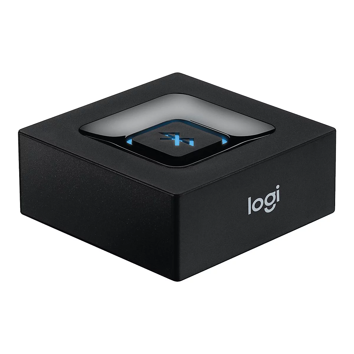 Schwarzer quadratischer Logitech Bluetooth-Adapter mit beleuchteter Taste auf weißem Hintergrund.