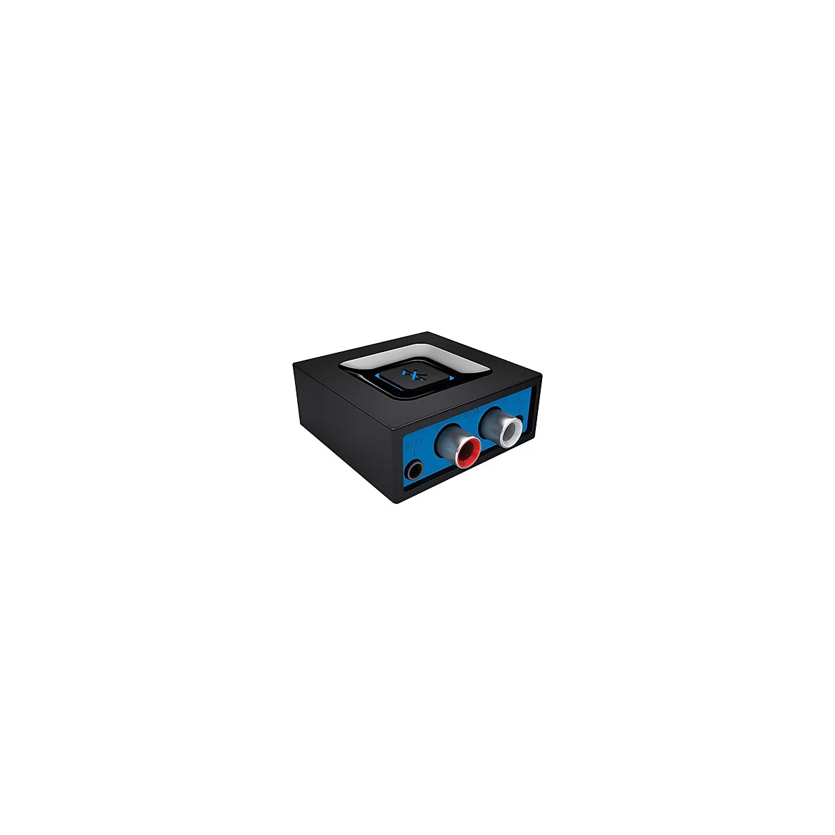 Schwarzer Bluetooth-Empfänger mit AUX- und RCA-Anschlüssen vor weißem Hintergrund.