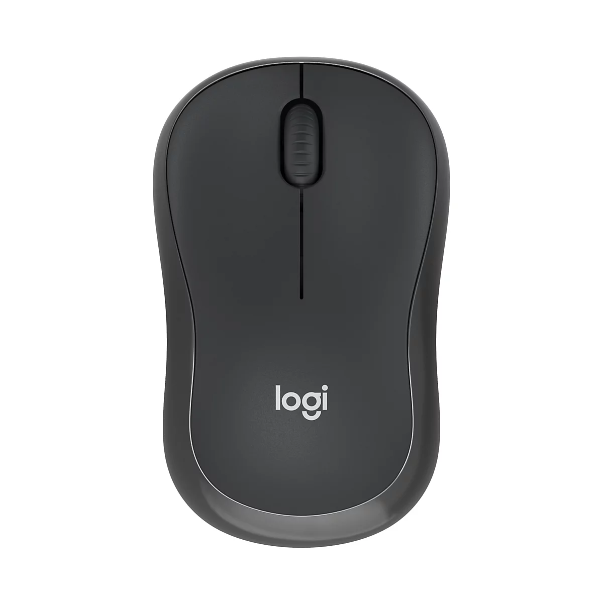 Souris d'ordinateur sans fil en gris. Le logo 'logi' est visible en bas de la souris.