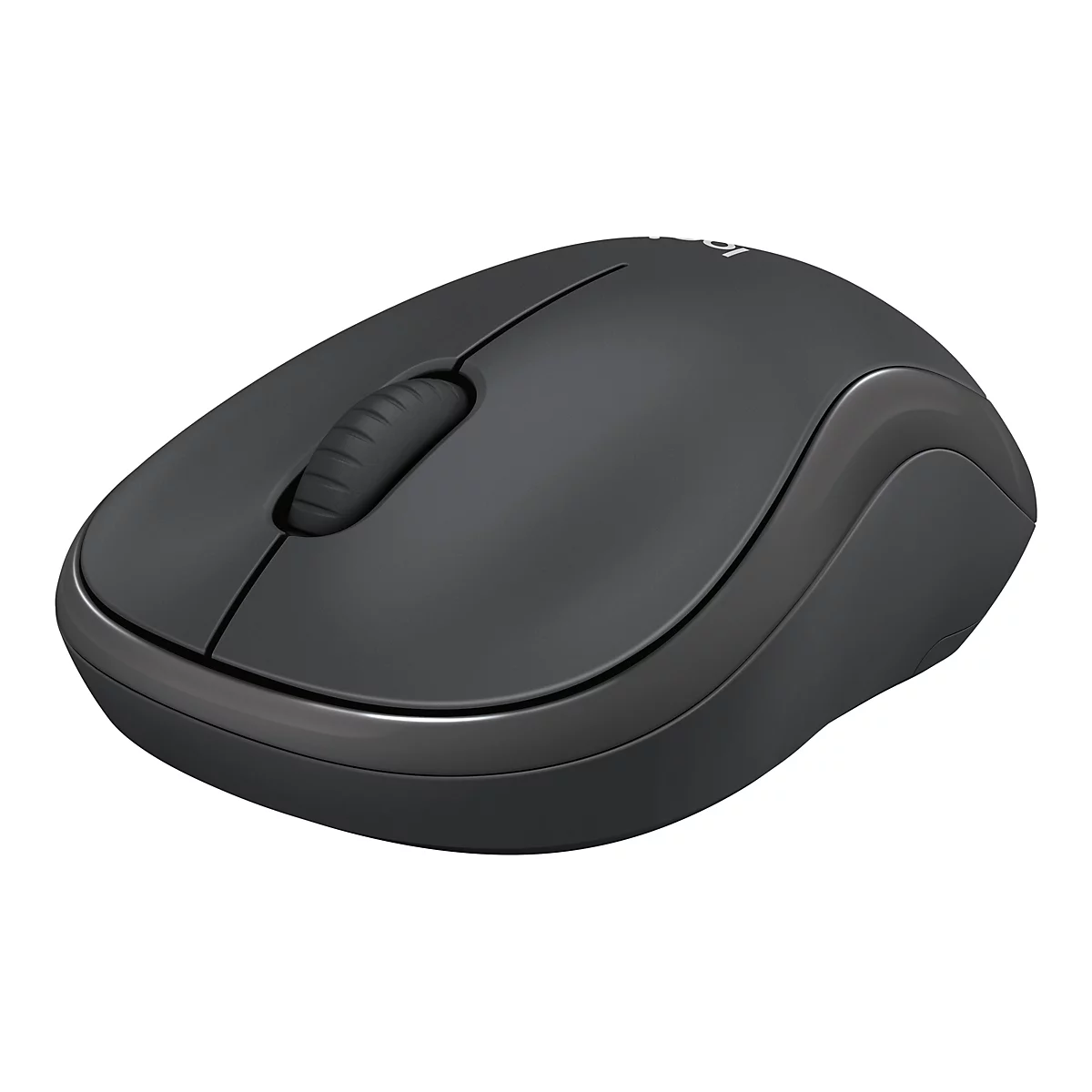 Souris Logitech noire avec molette de défilement et logo sur fond blanc.