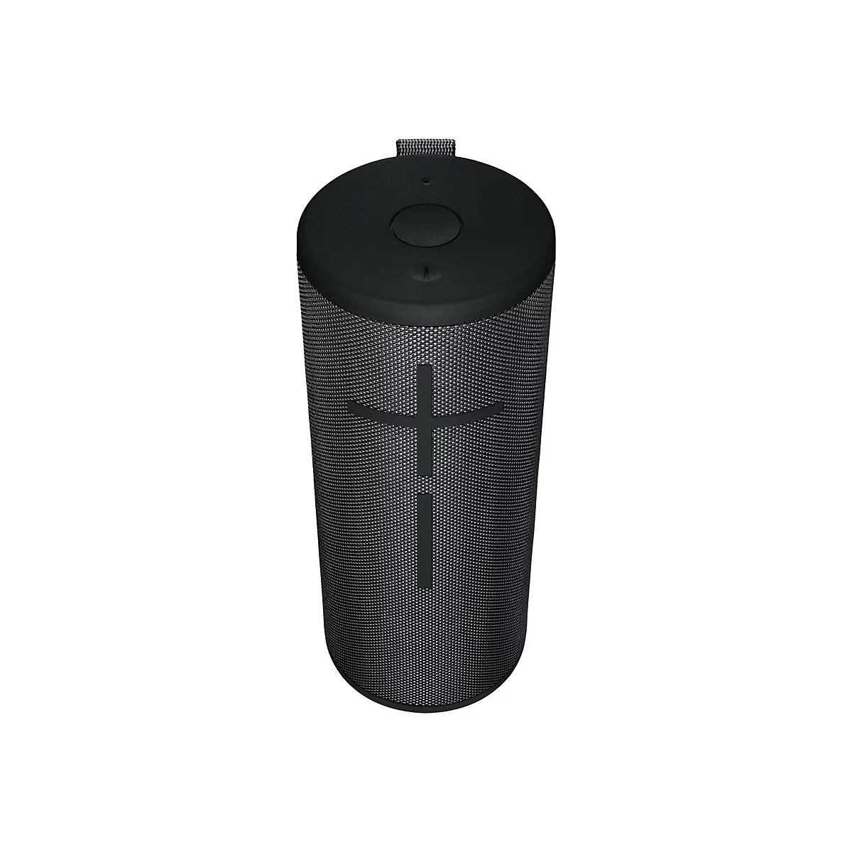 Schwarzer, zylindrischer Lautsprecher mit Stoffoberfläche. Oben befindet sich ein Bedienfeld mit einer Taste. Der Lautsprecher steht vor weißem Hintergrund.