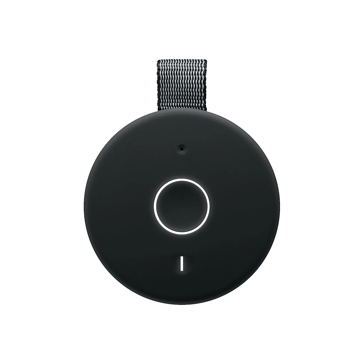 Draufsicht auf einen schwarzen, runden Lautsprecher mit weißem Kreis und einem Band.