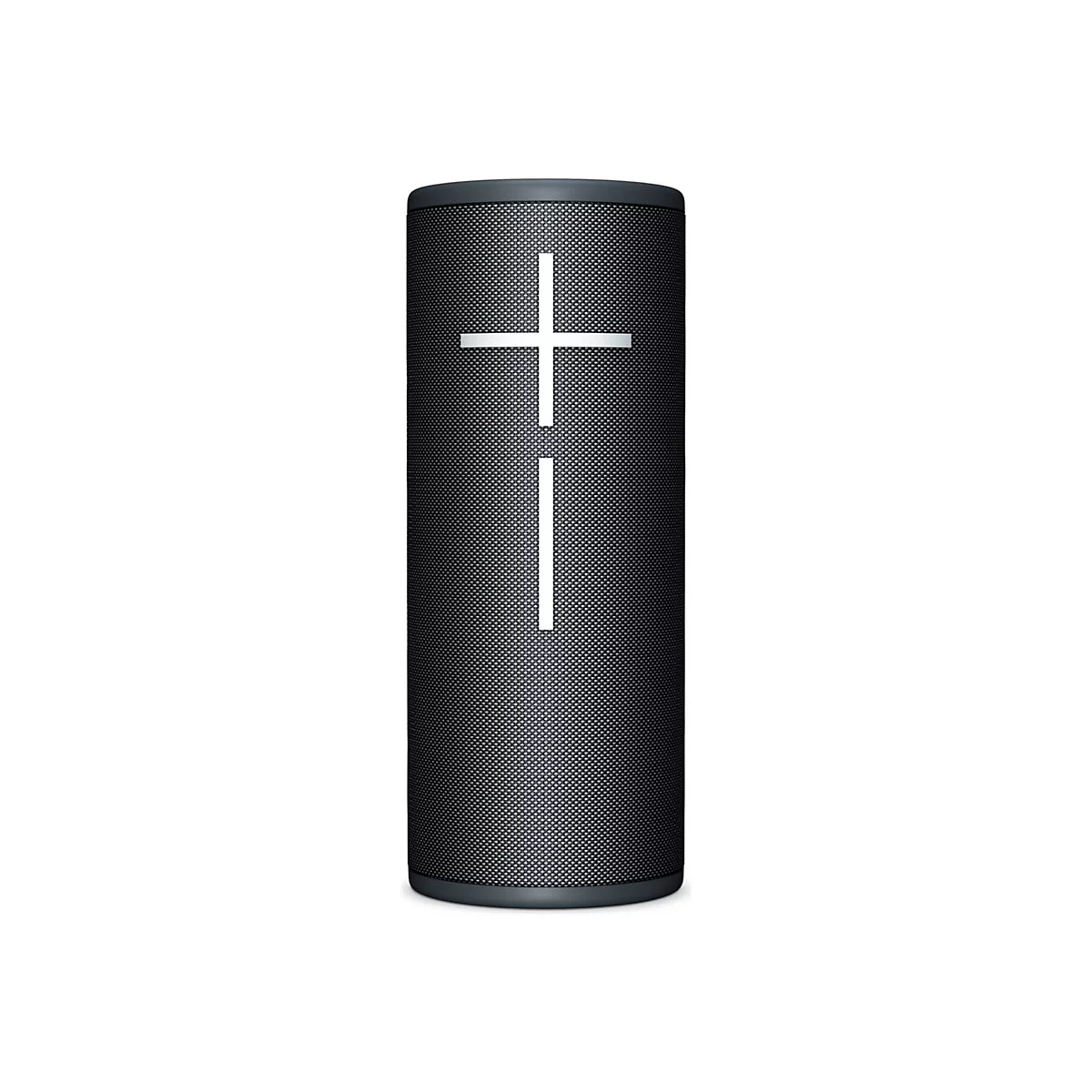 Zylinderförmiger, schwarzer Bluetooth-Lautsprecher mit weißem Kreuzmuster. Dunkler Hintergrund.