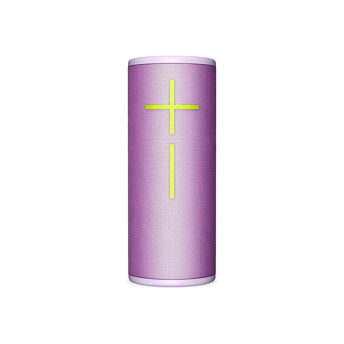 Haut-parleur Bluetooth cylindrique violet avec un signe plus jaune.